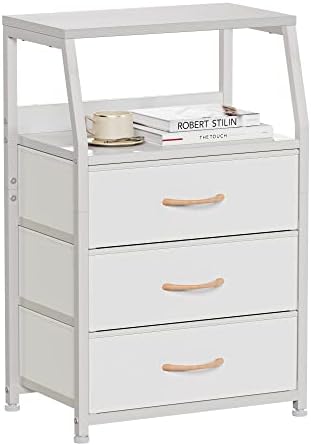 Furnulem White Night Stand with 3 Fabric Drawers, Small Bedside Table by Furnulem