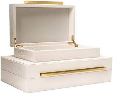 Sagala Set of 2 Beige Shagreen Decorative Boxes With Gold Metal Handles, Faux Leather Jewelry Boxes Modern Storage Boxes Photo Boxes Memory Boxes Home Organizer (Beige-Gold Handle) - Image 2