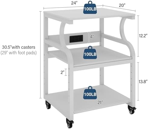 Natwind 3 Tier Large Printer Stand, 24"x20", with Charging Station,White - Image 2