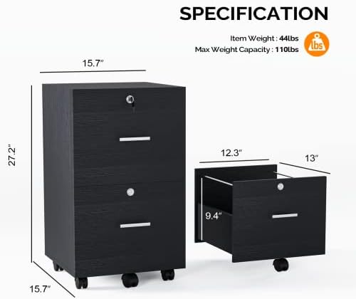 VINGLI 2-Drawer File Cabinet with Lock, Small Rolling Wood Filing Cabinet for Hanging Letter Size Filings with Tabs, Mobile Under Desk File Organizer for Home Office, Classic Black, 27.2" H - Image 3