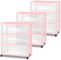 Sterilite 3 Pack Wide 3 Drawer Storage Cart, Rolling Organization, Pink by Sterilite