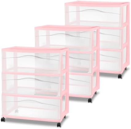 Sterilite 3 Pack Wide 3 Drawer Storage Cart, Rolling Organization, Pink by Sterilite