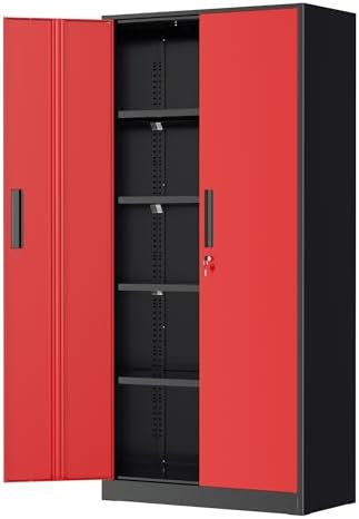 Greenvelly Metal Garage Storage Cabinet with Lock, 72" Metal Storage Cabinet with 2Doors and 4Adjustable Shelves, Steel Tool Cabinet for Home Office, School,Gym (Black&Red) by Greenvelly