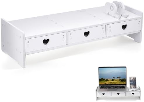 Computer Monitor Riser with Drawer Keyboard Storage Rack for Desk Organization Desk Shelf Organizer for Laptop 19.29 X 7.48 X 3.93 in White Wood-Composite by DIYEAH