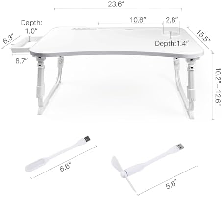 Laptop Desk for Bed, Height Adjustable Laptop Bed Table, Foldable Portable Lap Desk Stand with USB/Storage Drawer/Cup Holder/Slot, Breakfast Tray for Working Reading Writing Eating, White - Image 4