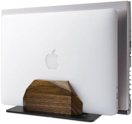 Walnut Vertical Laptop Stand, Dual Slot Wood Laptop Holder for Desk by TechVibeJoy