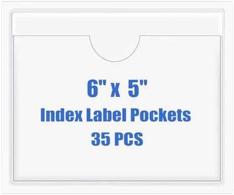 Origin-Joy 35 PCS Self Adhesive Index Card Pockets with Top Open, Clear Plastic Label Holder for Notes, Library and Business, Adhesive Label Pockets & Holder (6 x 5 inch) by Origin-Joy