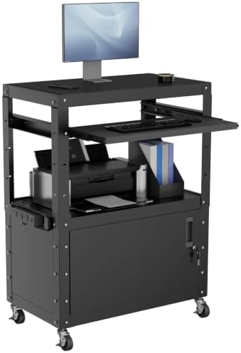 Mobile AV Cart, Adjustable Height Rolling Computer Cart with Pullout Keyboard Tray – Locking Cabinet, 3 Outlets & 2 USB Ports, Lock Brake Casters–Media Utility Cart on Wheels for Home/Office by Outglee
