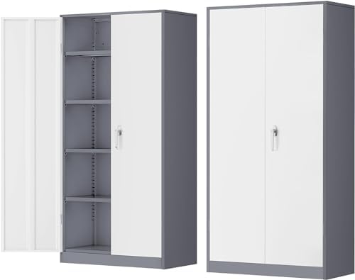 INTERGREAT Metal Storage Cabinet Doors, 72" Locking Steel Storage Cabinet with Shelves, Tall Lockable Steel Cabinets for Home Office, Garage(New Grey) by INTERGREAT