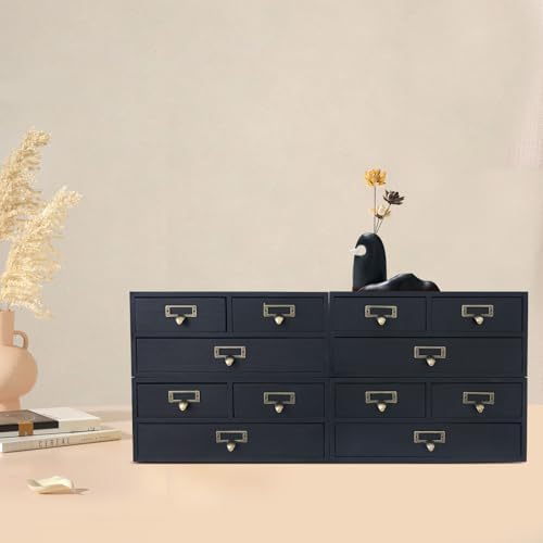4 Pcs Vintage Desktop Organizer Set, Wooden 12 Drawer Storage Cabinets with Metal Handles & Label Slots, Stackable Apothecary Chest for Office, Herb, Tea, Jewelry and Stationery Organization (Black) - Image 2