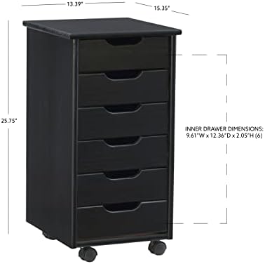 Corinne Black Six Drawer Rolling Storage Cart by Linon - Image 3