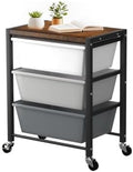 Rolling Cart with 3 Drawers, Plastic Drawer Storage Carts with Lockable Wheels & Wooden Tabletop, Metal Utility Cart Organizer, Office Bedroom Classroom Craft Organization and Storage, Dark Grey by TimeForest