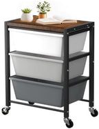 Rolling Cart with 3 Drawers, Plastic Drawer Storage Carts with Lockable Wheels & Wooden Tabletop, Metal Utility Cart Organizer, Office Bedroom Classroom Craft Organization and Storage, Dark Grey by TimeForest