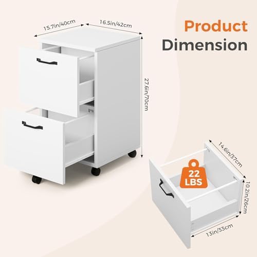 2 Drawer Filing Cabinet, Wood Rolling Filing Cabinets with Printer Stand, Under Desk Storage Lockable Wheels, Home Office Organizer for A4 Letter Legal Size Documents,White - Image 3