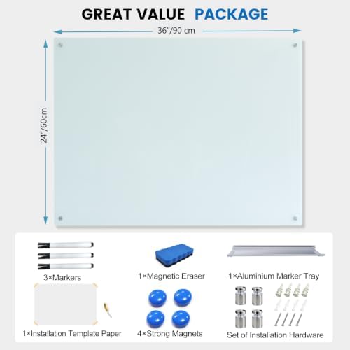 Glass Magnetic White Board, 36"x24" Dry Erase Board for Wall, Bulletin Whiteboard for School Classroom Office Homeschool - Image 2