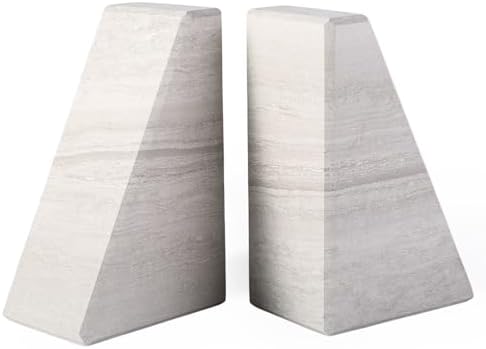 Marble Book Ends for Heavy Books, Decorative Bookends for Shelves, Durable and Heavy-Duty Bookends for Hardback Book & CDS, Off-White Unique Books Stopper & Holder, Set of 2 by Karibiber