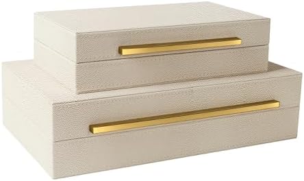 Sagala Set of 2 Beige Shagreen Decorative Boxes With Gold Metal Handles, Faux Leather Jewelry Boxes Modern Storage Boxes Photo Boxes Memory Boxes Home Organizer (Beige-Gold Handle) - Image 7