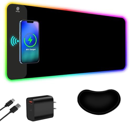 ToLuLu Wireless Charging RGB Gaming Mouse Pad, 15W LED Mouse Mat with 30W Charger, 14 Light Modes Large Mousepad Wrist Support, Non-Slip Rubber Base Desk Mat Computer PC Keyboard Pad XXL, Cool Black by ToLuLu