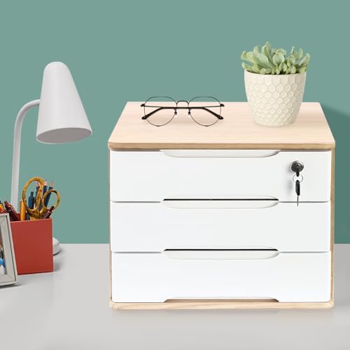 Wooden Desk Organizer with Lockable Drawers, 3-Tier Countertop Storage Cabinet File Cabinet Jewelry Organizer Home Office Supplies Organization Unit (Wood Color&White-1 Lock) - Image 2