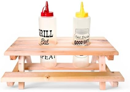 Wooden Picnic Table Condiment Caddy, Hand-Crafted Wood, 12 x 10 x 5 in, for BBQ and Outdoor Use by Unknown