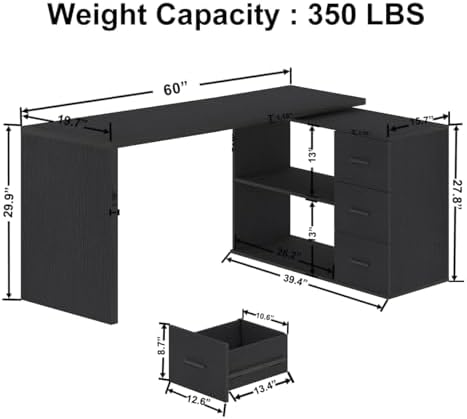 HSH Black L Shaped Computer Corner Desk with 3 Storage Drawers 60 inch - Image 2