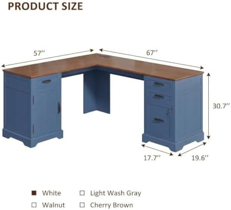 Whalefall 67'' Farmhouse L-Shaped Desk with Drawers for Home Office, Blue - Image 2