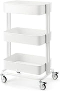 3 Tier Rolling Cart Metal Heavy Duty Utility Cart with Silent Caster Lockable Wheels Multi-Functional Organization Carts Storage Trolley with Mesh Shelves for Office Kitchen Living Room white by CARTTECH