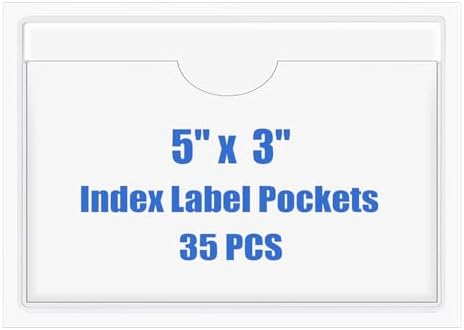 Origin-Joy 35 PCS Self Adhesive Index Card Pockets with Top Open, Clear Plastic Label Holder for Notes, Library and Business, Adhesive Label Pockets & Holder (5 x 3 inch) by Origin-Joy