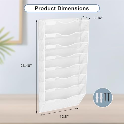 EASEPRES 8 Pocket Mesh Hanging Wall File Organizer, Wall Mounted Mail Paper Document Folder Holder, Clipboard Storage Organization Magazine Rack with Nametag Label for Office Home School, White - Image 2