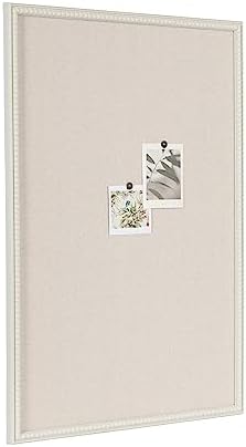 Kate and Laurel Makenna Rectangle Framed Linen Fabric Pinboard; 24 x 36; Soft White; Traditional Beaded Bulletin Board for Vintage Home Wall Organization or Aspirational Vision Board by KateandLaurel