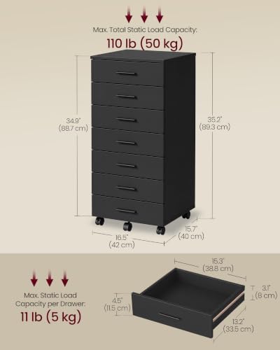 VASAGLE File Cabinet with Wheels, 7 Drawers, Tool-Free Sliding Rails - Image 3