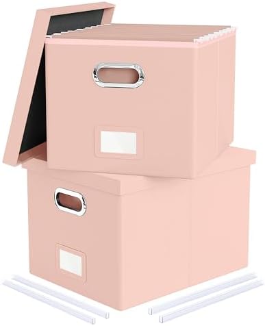 Oterri 2 Pack File Storage Organizer Box,Filing Box,Portable File Box with Lid,Fit for Letter/Legal File Folder Storage, Cream-pink(Leather)-Box only by Oterri