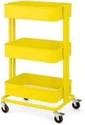 3 Tier Rolling Cart Metal Heavy Duty Utility Cart with Silent Caster Lockable Wheel Multi-Functional Organization Carts Storage Trolley with Mesh Shelves for Office Kitchen Living Room Yellow by CARTTECH