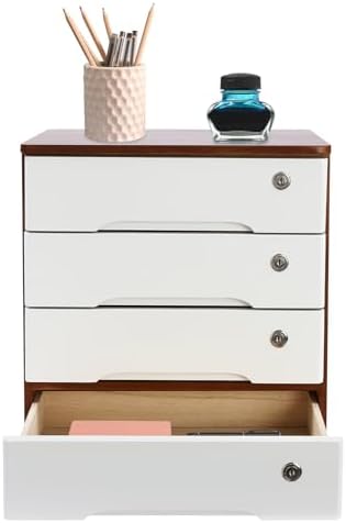 Wooden Desk Organizer with Lockable Drawers, 4-Tier Countertop Storage Cabinet File Cabinet Jewelry Organizer Home Office Supplies Organization Unit (Walnut&White-4 Lock) by LEYSRIS