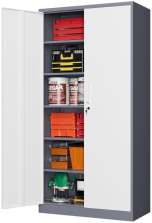 MIIIKO Metal Storage Cabinet with Locking Doors, 72" Tall Storage Cabinets with 5 Adjustable Shelves, Steel Storage Cabinets for Home Office, Garage(Gray White) by MIIIKOOfficeFurniture