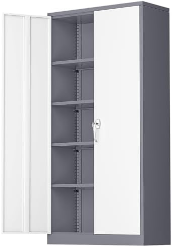 Greenvelly Metal Garage Storage Cabinet, Locking Steel Cabinet with 2 Doors and 4 Adjustable Shelves, Metal Tool Cabinets, Lockable File Cabinet for Home Office, Garage, School (Gray White) by Greenvelly