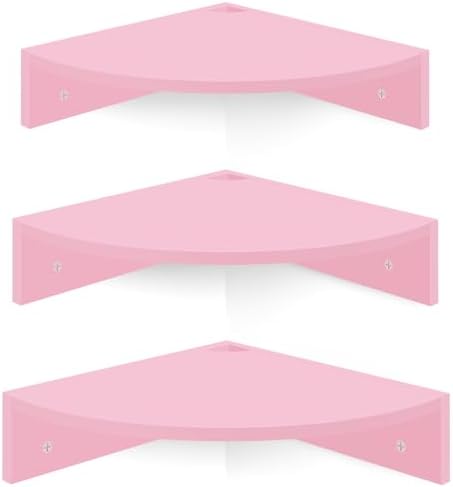 Homode Corner Shelf Wall Mount, Set of 3 Corner Floating Shelves with Cable Hole, 3 Tier Wood Corner Hanging Shelves, Living Room Bedroom Bathroom, Pink by Homode