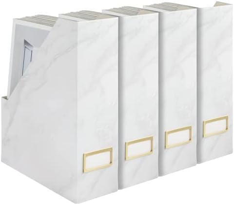 BLU MONACO Set of 4 Magazine Holders | White Marble Design with Gold Label Holders | Foldable File Organizer Boxes for Desk, Office & Classroom | Stylish Paper & Magazine Storage by Blu_Monaco