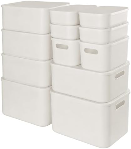 ANMINY White Plastic Storage Bins Baskets with Lids, 12-Pack, 2XL+4L+2M+4S by ANMINY