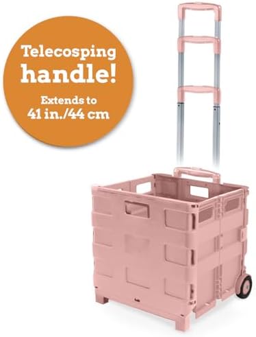Inspired Living Ultra-Slim Rolling Collapsible Storage Pack-N-Roll Utility-carts, with Telescopic Handle, for Home, Garden, Shopping, Office, School use, Large, Raspberry Pink - Image 4
