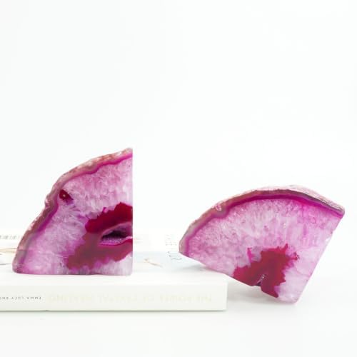 Natural Pink Dyed Agate Geode Bookends - 3 to 4 lb Heavy Duty Rock Crystal Stone Book Ends for Shelves, with Rubber Bumpers, Decorative Book Holders for Home Office - Image 3