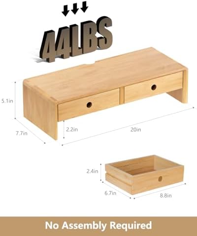 Ufine Bamboo Monitor Stand with 2 Drawers & Keyboard Storage - Image 6
