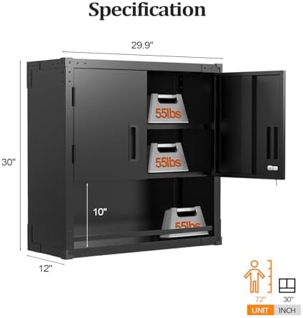 VINGLI Garage Wall Cabinet with Locking Doors and Adjustable Shelf, Metal Wall Cabinet, Floating Upper Storage Cabinet (Black, 30''W x 12''D x 30''H) - Image 3