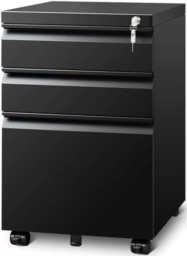 Guizeeopo Filing Cabinets for Home Office, Mobile File Cabinet with Lock, 3 Drawer Filing Cabinet for A4/Letter/Legal Size Folder, Fully Assembled Except Casters, Matte Black by GUIZEEOPO