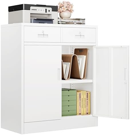 CJF Metal Storage Cabinet, Locking Storage Cabinet with Doors and 2 Drawers, Metal Cabinets for Office/Home/Garage 36" H x 32" W x 16" D (White) by CJF