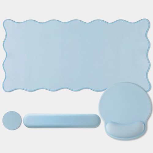 Sabary Scalloped Desk Mat Keyboard Mouse Pad Set Blue 31.5 x 15.7 Inch by Sabary