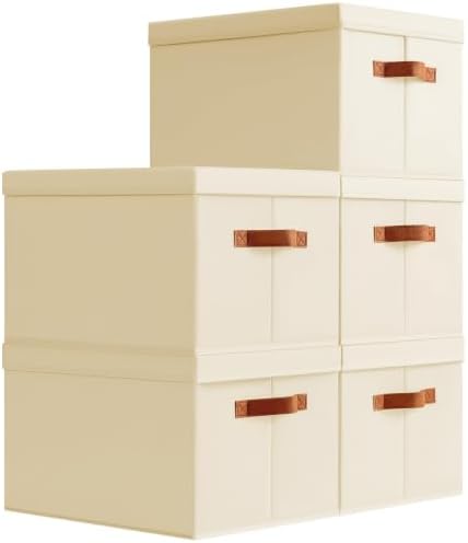 Homsorout Storage Bins with Lids - Large Fabric Closet Bins with Lid, 5 Pack Clothes Organizers and Storage, Collapsible Stackable Cube Basket for Home, Office, Dorm, Beige by Homsorout