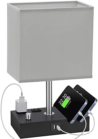 Grey Table Lamp for Bedroom - Stepless Dimmable, USB C+A, 2 AC Outlets by KakanuoLightings