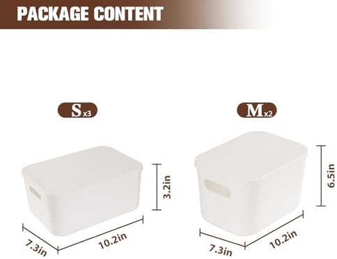ANMINY White Plastic Storage Bins Baskets with Lids, 5-Pack, 2M+3S - Image 6