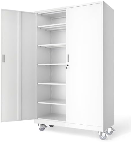 VINGLI Large Metal Storage Cabinet with 2 Doors and 5 Adjustable Shelves, Upgraded Height & Wide & Deep, 40''W x 20''D x 72''H, Oversized Garage Storage Cabinet with Wheels and Locks (White) by VINGLI